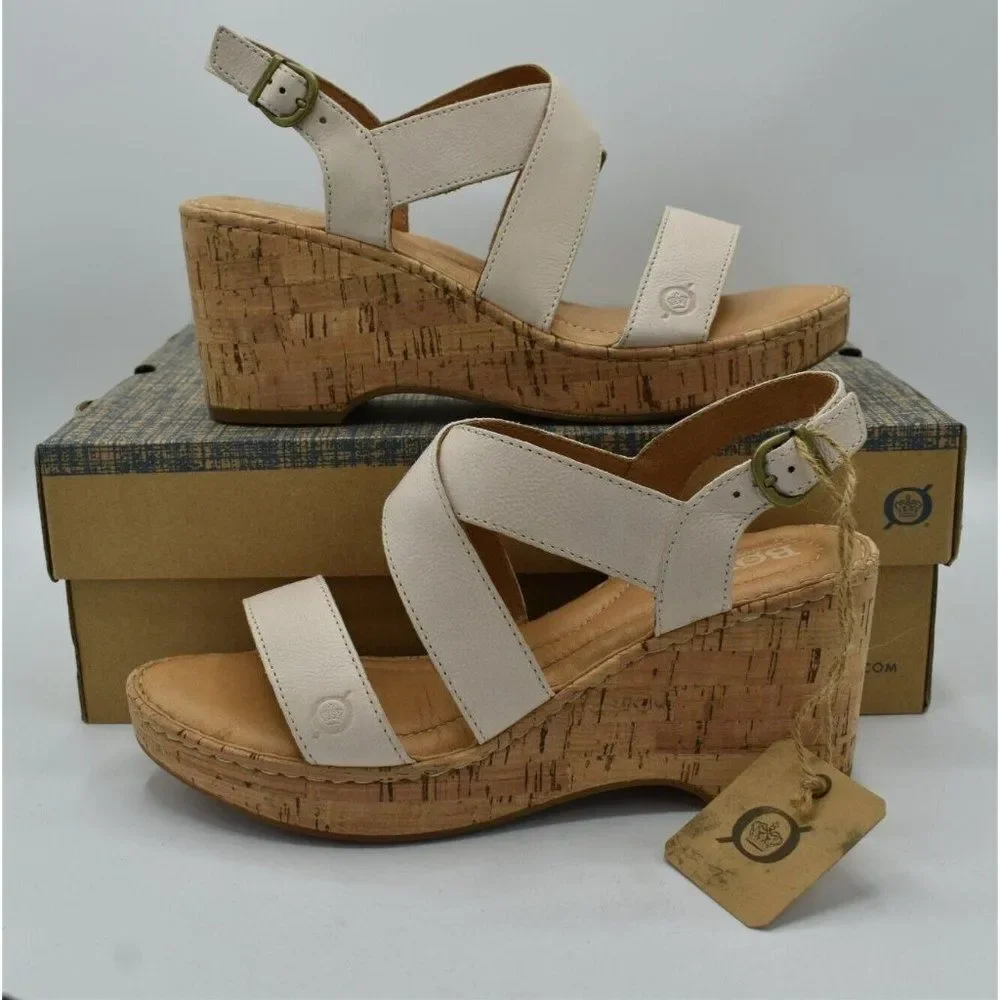 Born Womens Size 11 Lanai White Bone Full Grain Leather Wedge‎ Sandals Shoes